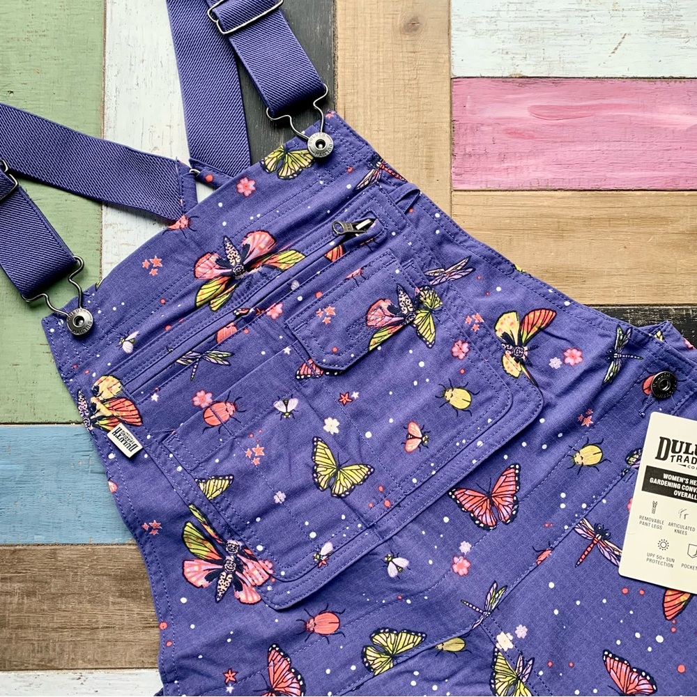 NWT XS Duluth Heirloom Gardening Convertible Bib Overalls Indigo Backyard Bugs - Picture 5 of 13